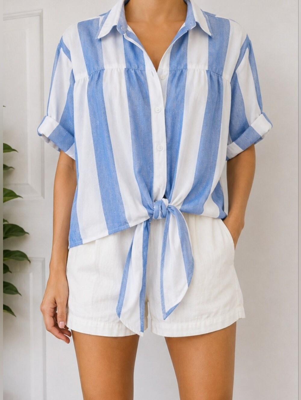 Striped Tie-Front Button-Down Shirt in Blue & White